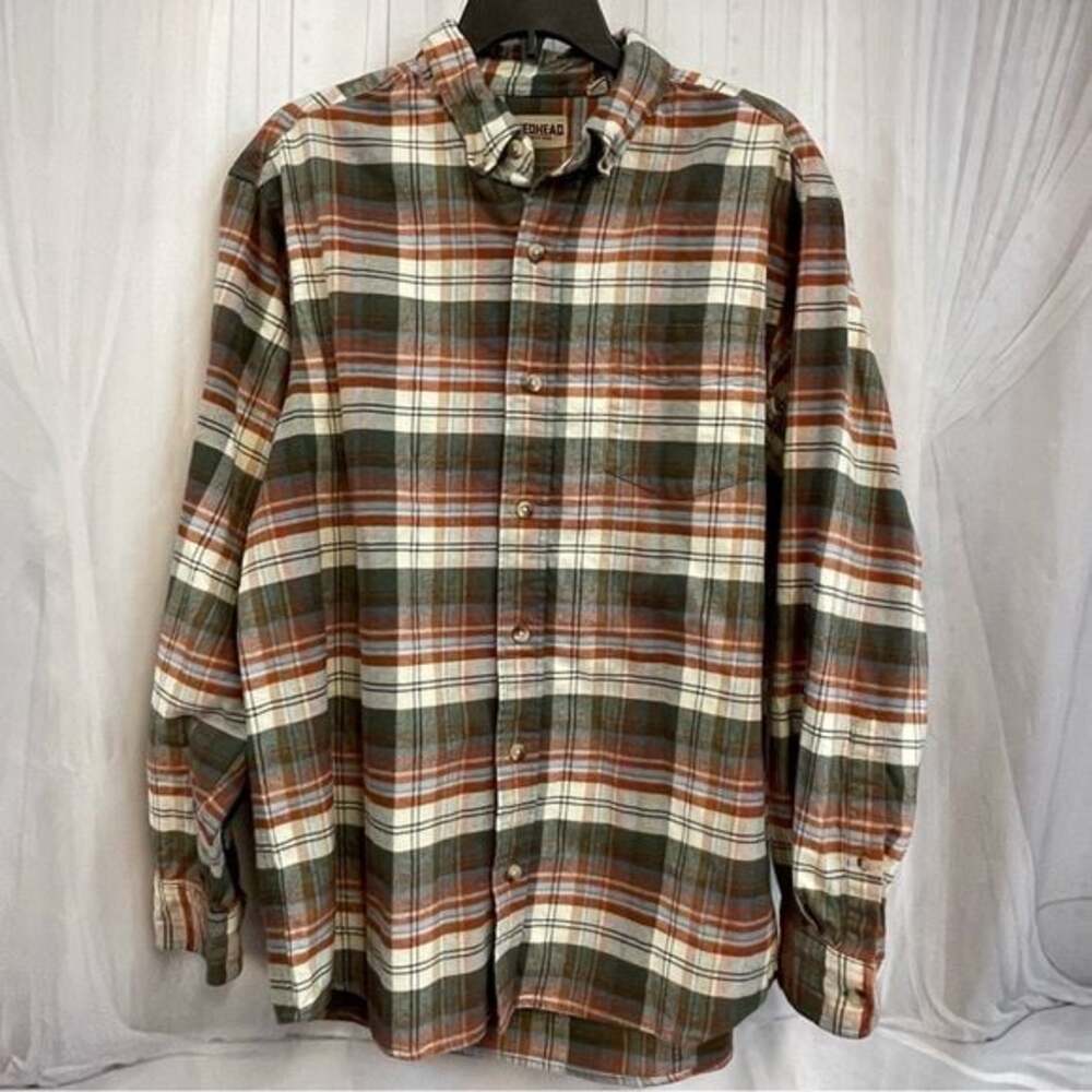 RedHead Green Brown Orange Plaid Button-Down Shirt Flannel Long Sleeve